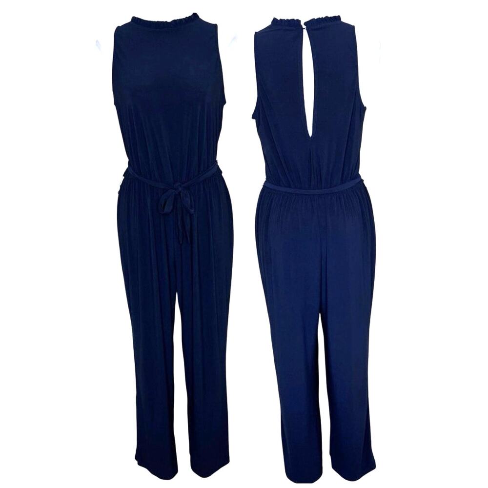 Nik and Nash Jumpsuit Large Ruffle Jersey Knit Belted Straight Navy Chic Keyhole